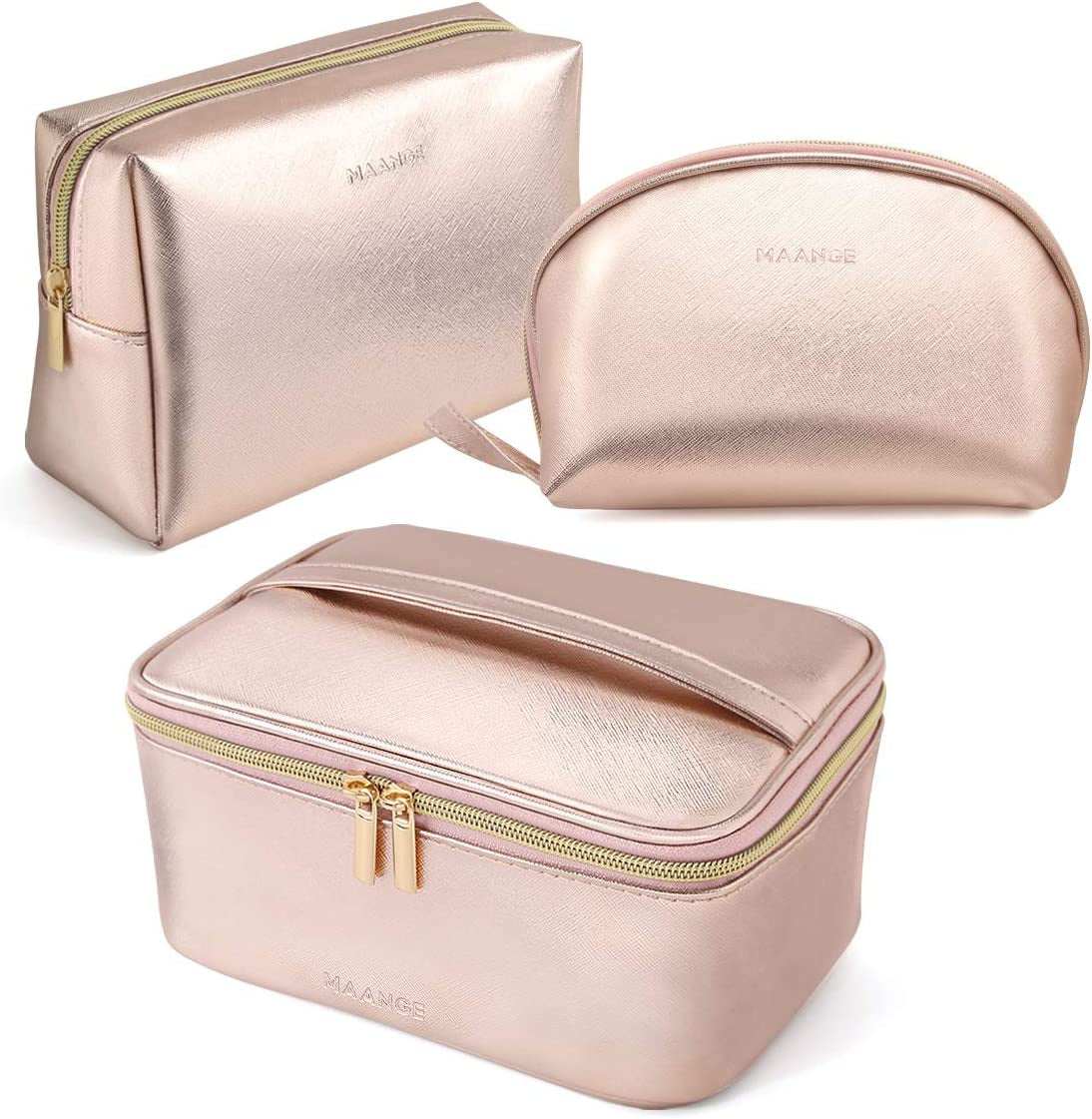 3 Pcs Makeup Bag Portable Travel Cosmetic Bag Large Makeup Bag Organizer with Gold Zipper Waterproof Toiletry Bags for Women and Girls(Rose Gold)