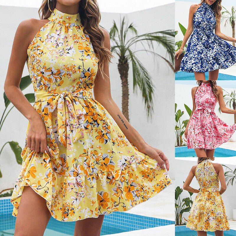 Chic Summer Halterneck Dress with Floral Print and Ruffled Design for Women - Comfort Meets Style