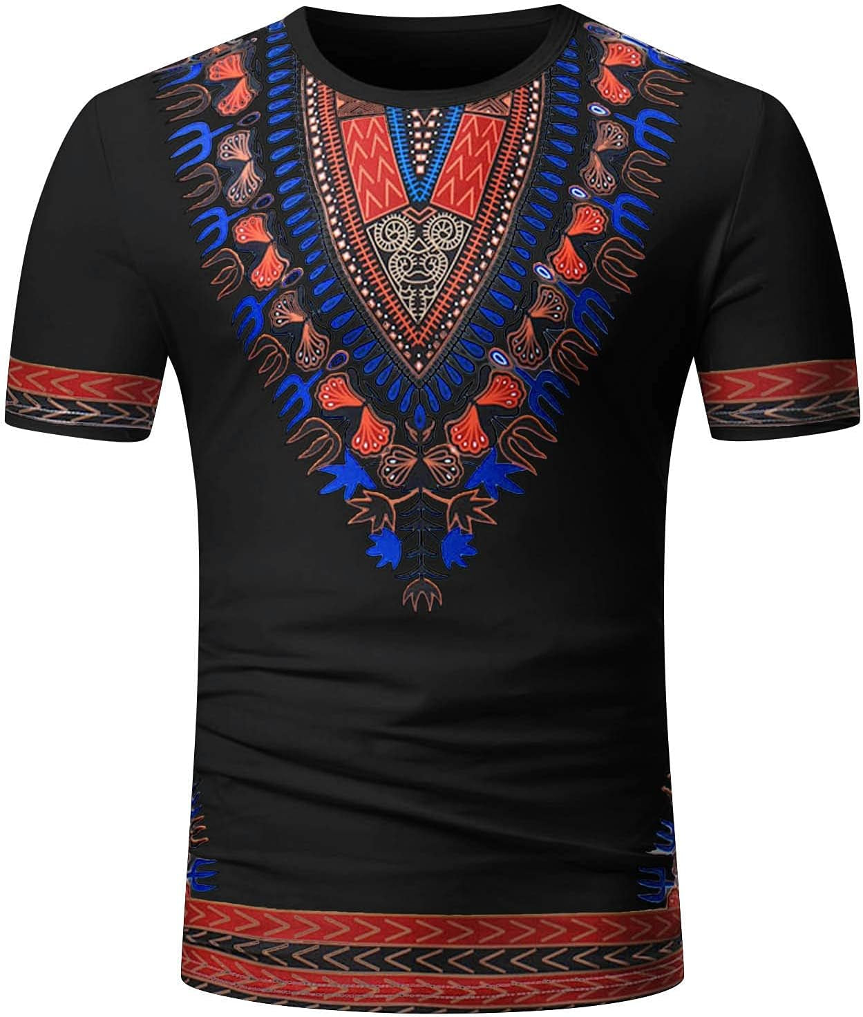 Men African Dashiki T Shirt Tribal Floral Print Short Sleeve round Neck Slim Fit Shirts Tops(B)