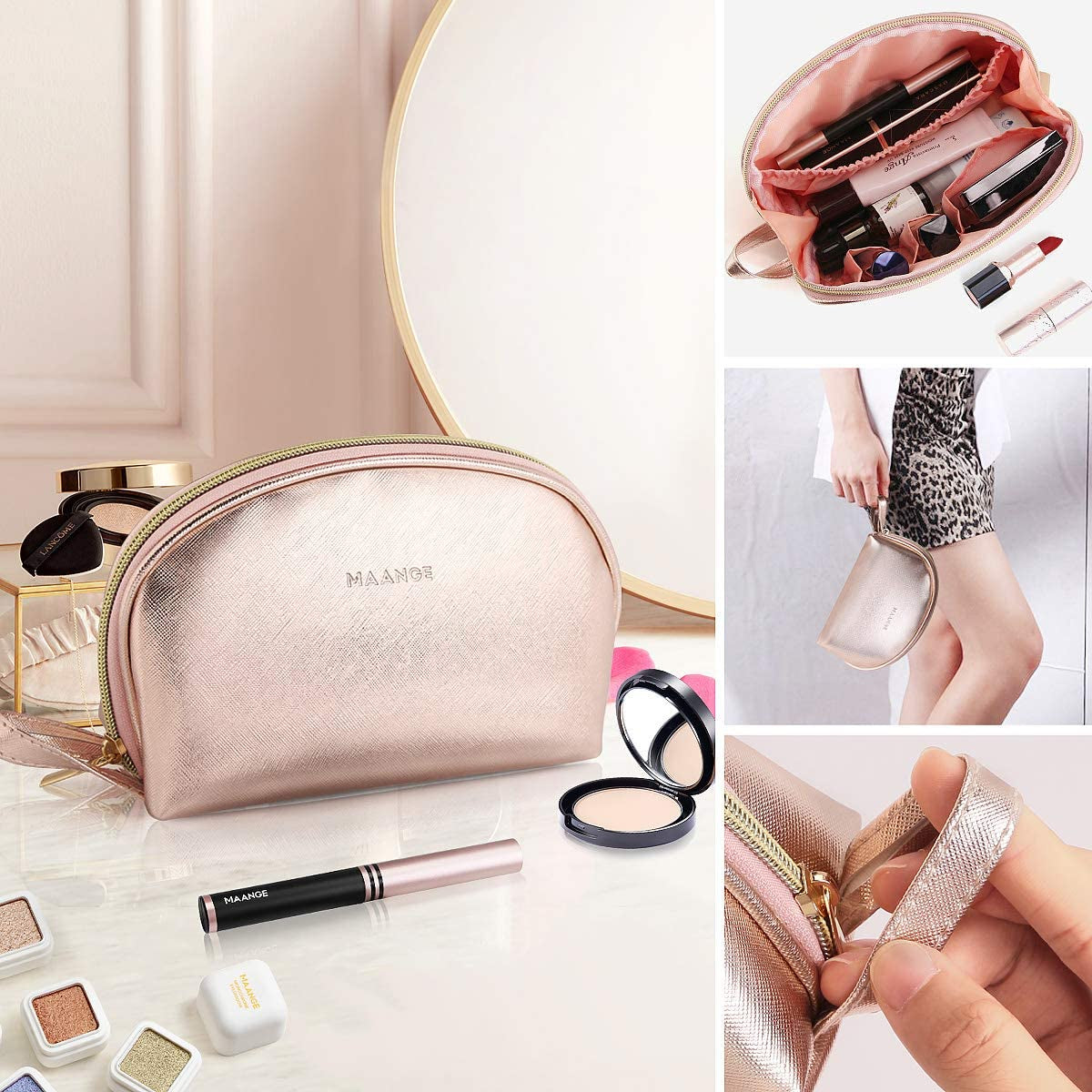 3 Pcs Makeup Bag Portable Travel Cosmetic Bag Large Makeup Bag Organizer with Gold Zipper Waterproof Toiletry Bags for Women and Girls(Rose Gold)