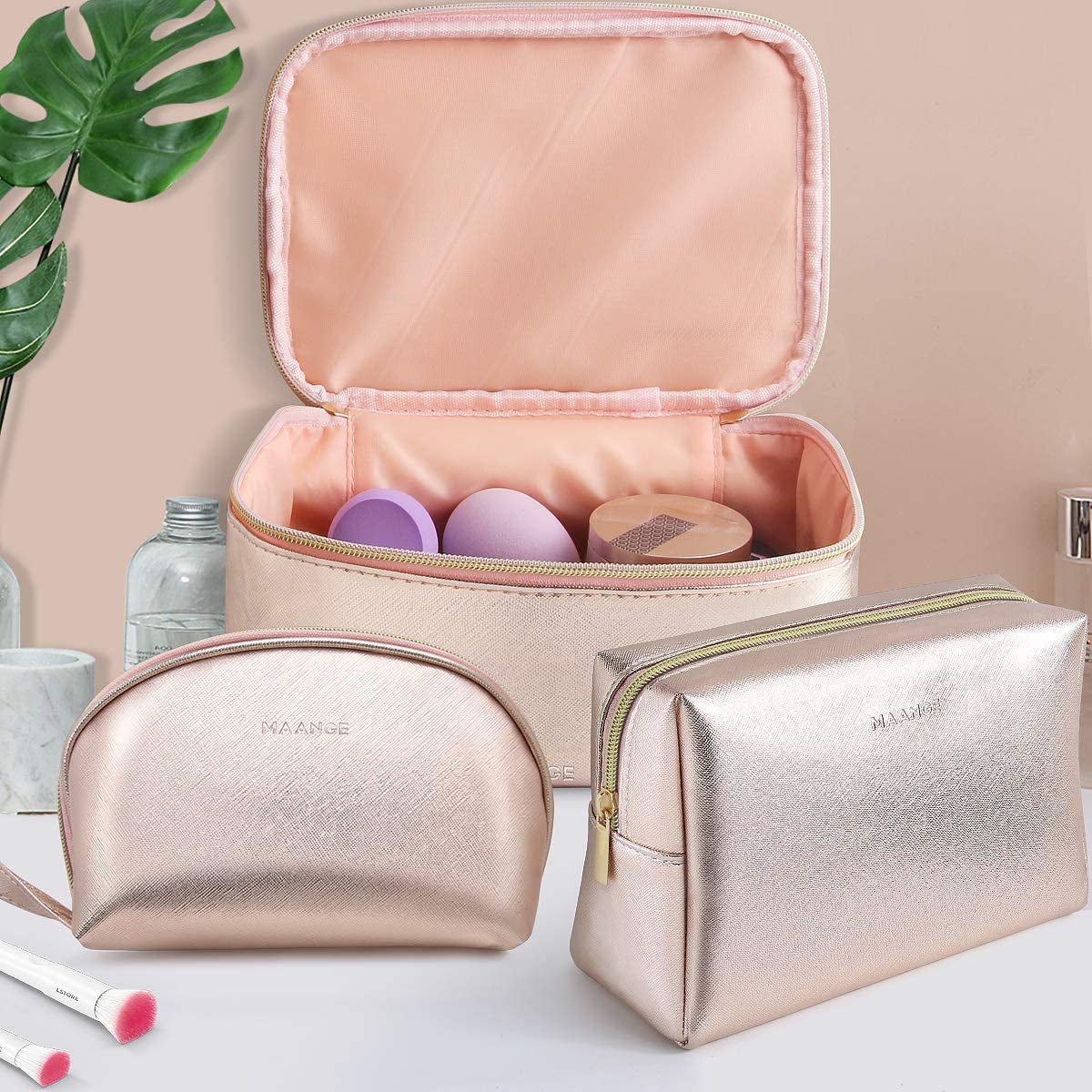 3 Pcs Makeup Bag Portable Travel Cosmetic Bag Large Makeup Bag Organizer with Gold Zipper Waterproof Toiletry Bags for Women and Girls(Rose Gold)