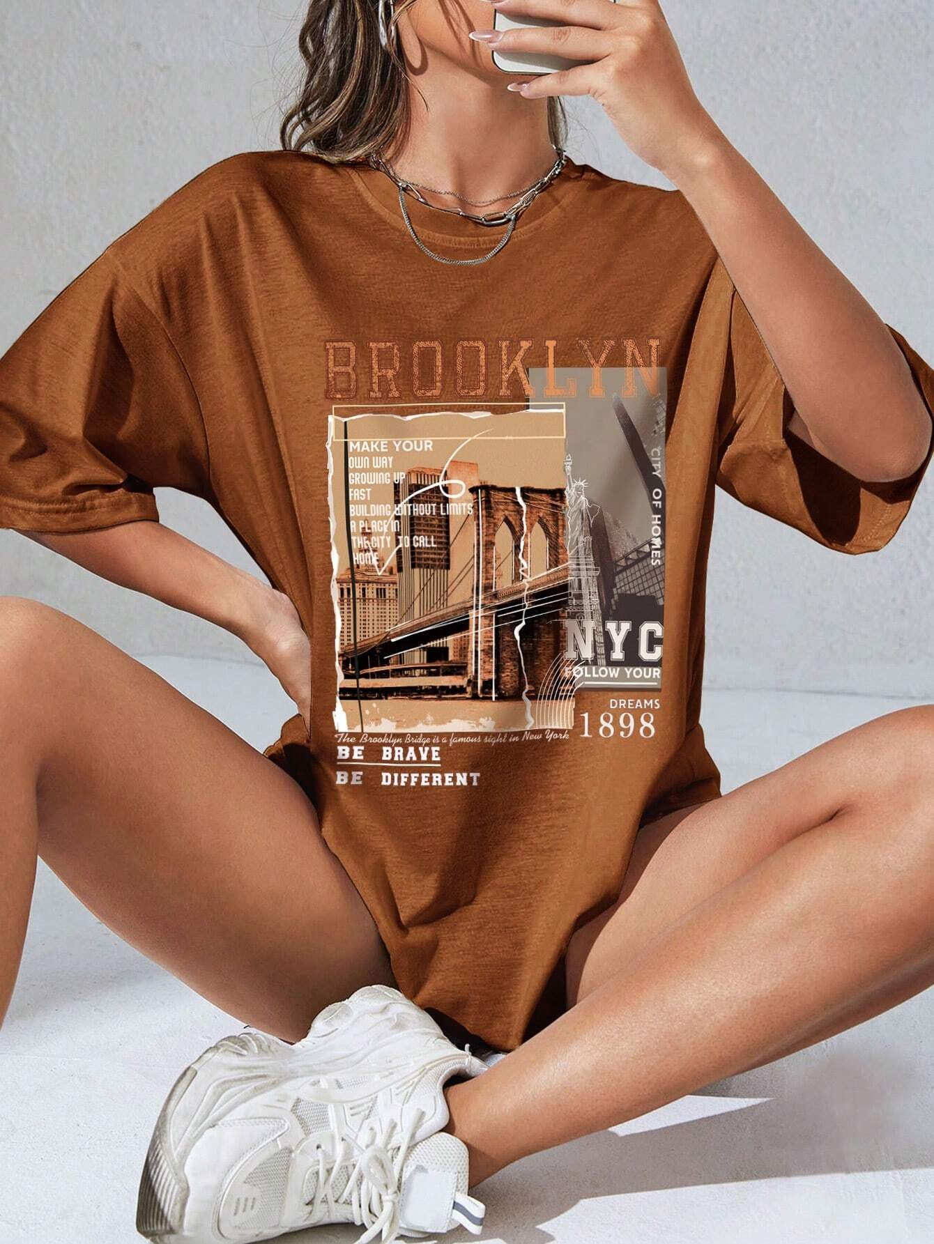 INAWLY Street View and Slogan Graphic Drop Shoulder Tee MAKE YOUR OWN WAY GROWING up FAST BUILDING without LIMITS a PLACE in the CITY to CALL HOME CITY of HOMES NYC FOLLOW YOUR DREAMS 1898 the Brooklyn Bridge Is a Famous Sight in New York BE BRAVE BE DIFFERENT Graphic Tees Women Tops