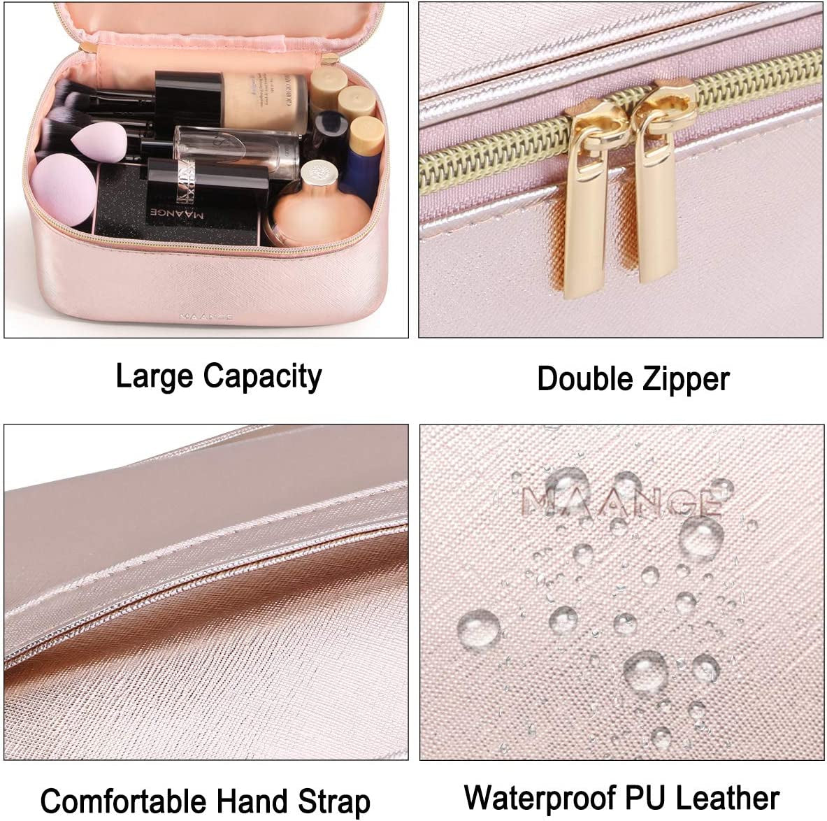 3 Pcs Makeup Bag Portable Travel Cosmetic Bag Large Makeup Bag Organizer with Gold Zipper Waterproof Toiletry Bags for Women and Girls(Rose Gold)