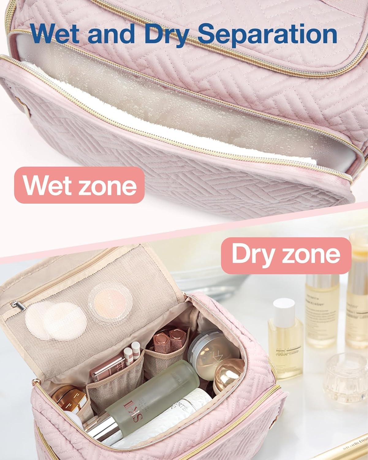 Travel Toiletry Bag, Large Wide-Open Travel Bag for Toiletries, Makeup Cosmetic Travel Bag with Handle, Pink-M