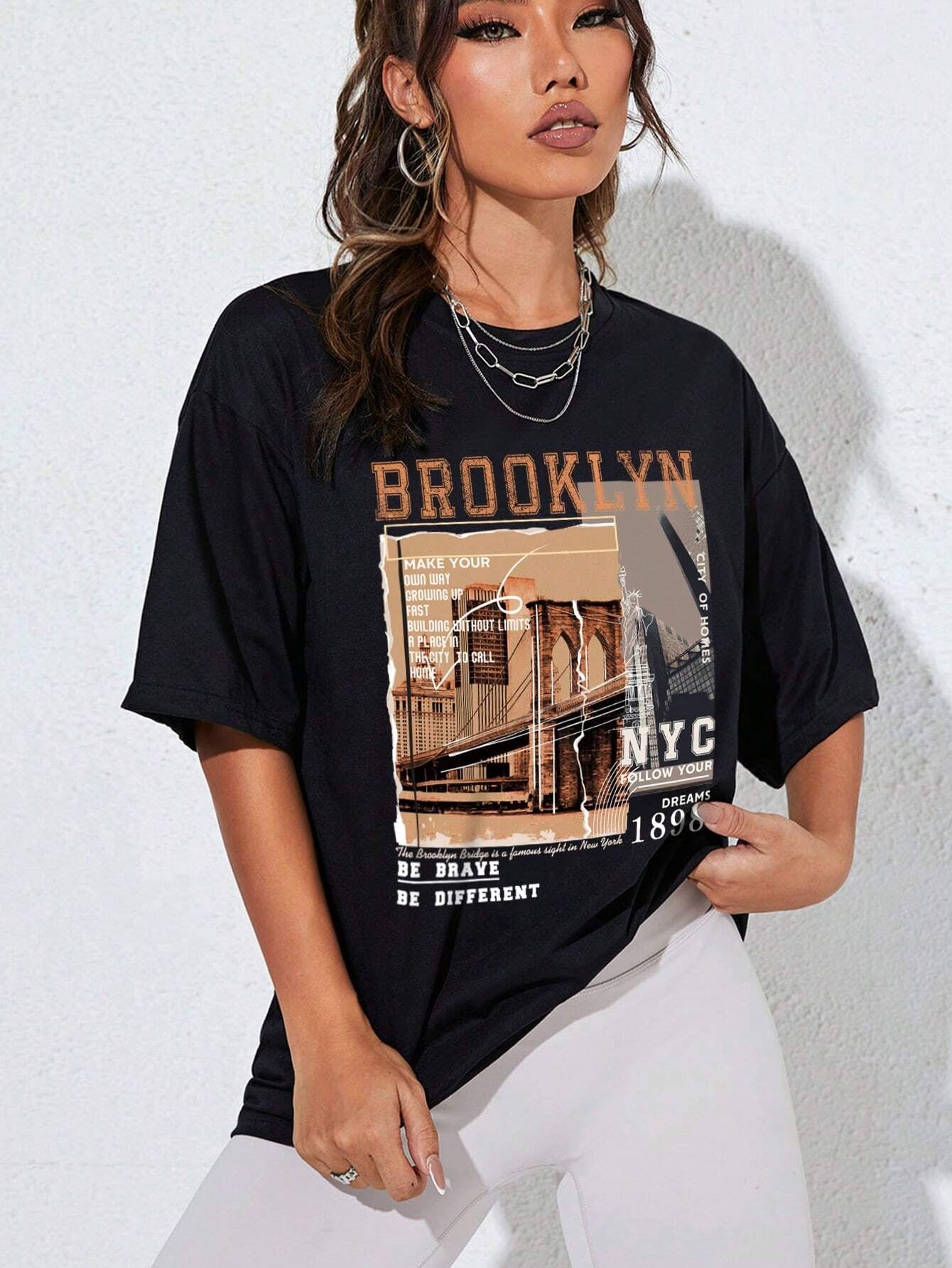 INAWLY Street View and Slogan Graphic Drop Shoulder Tee MAKE YOUR OWN WAY GROWING up FAST BUILDING without LIMITS a PLACE in the CITY to CALL HOME CITY of HOMES NYC FOLLOW YOUR DREAMS 1898 the Brooklyn Bridge Is a Famous Sight in New York BE BRAVE BE DIFFERENT Graphic Tees Women Tops