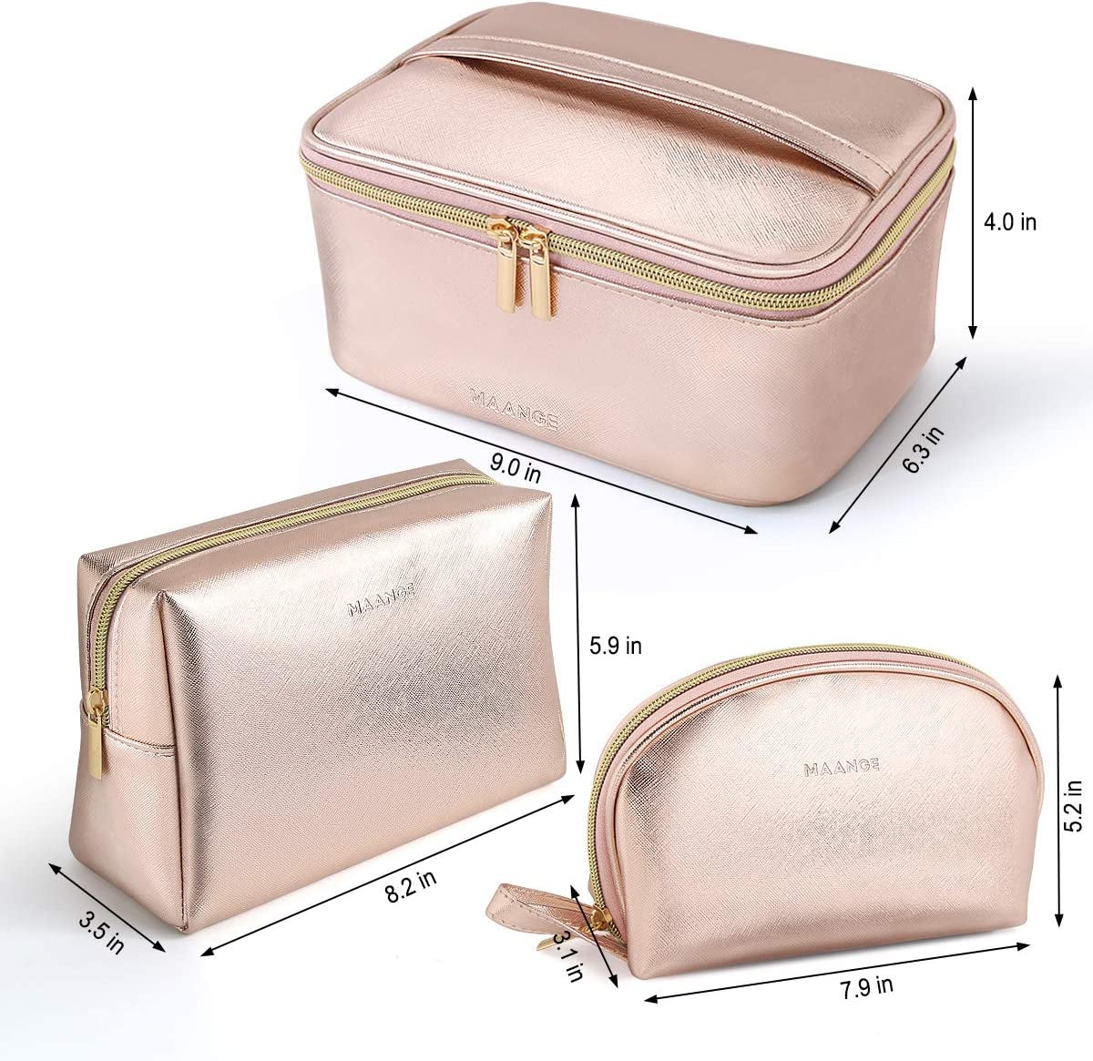 3 Pcs Makeup Bag Portable Travel Cosmetic Bag Large Makeup Bag Organizer with Gold Zipper Waterproof Toiletry Bags for Women and Girls(Rose Gold)